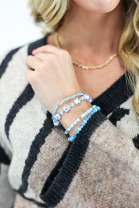 Flower Beaded Bracelet Stack In Blue