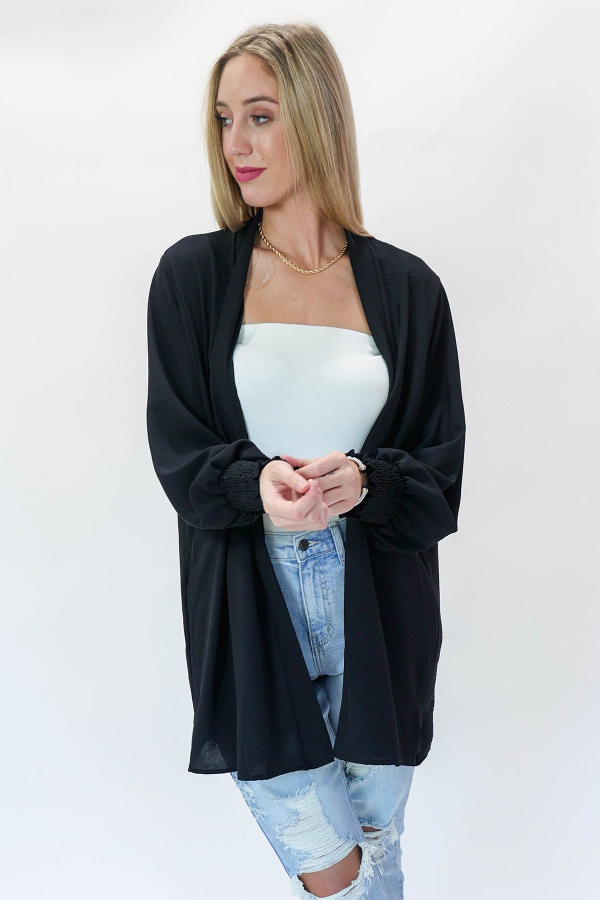 Breezy Nights Smocked Cardigan In Black