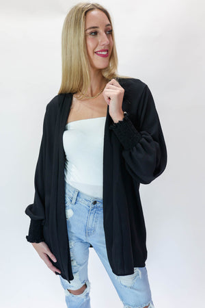 Breezy Nights Smocked Cardigan In Black