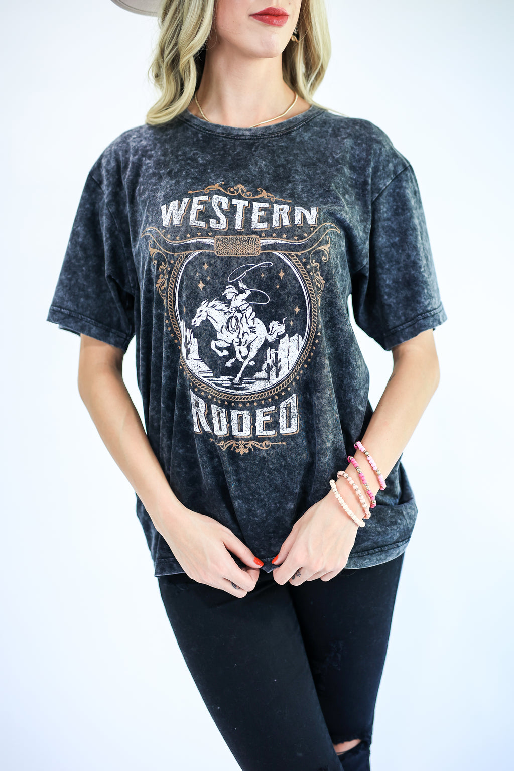 Western Rodeo Acid Wash Tee in Black