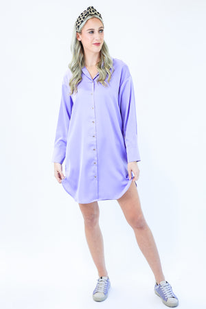 Shopping In Paradise Satin Dress In Lilac