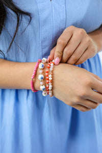 Flower Beaded Bracelet Stack In Pink