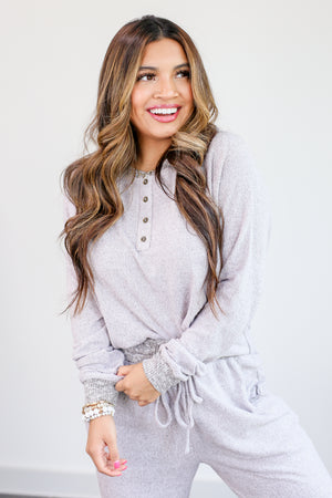 Cozy Daze Henley Top In Heather Grey