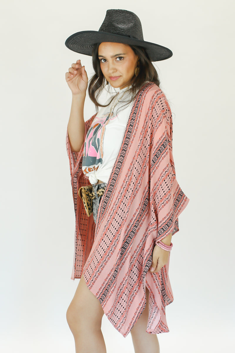 Boardwalk Babe Striped Kimono In Coral