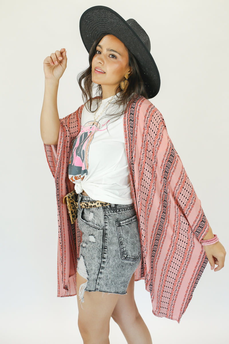 Boardwalk Babe Striped Kimono In Coral